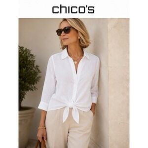 Chico's White 100% Linen Tie Front Button Up Shirt Size 2 Large